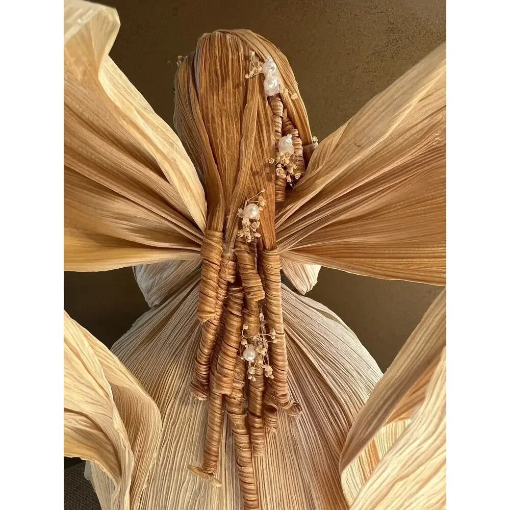 Large Corn Husk Angel with Floral Bouquet--Wedding?--American Folk Art